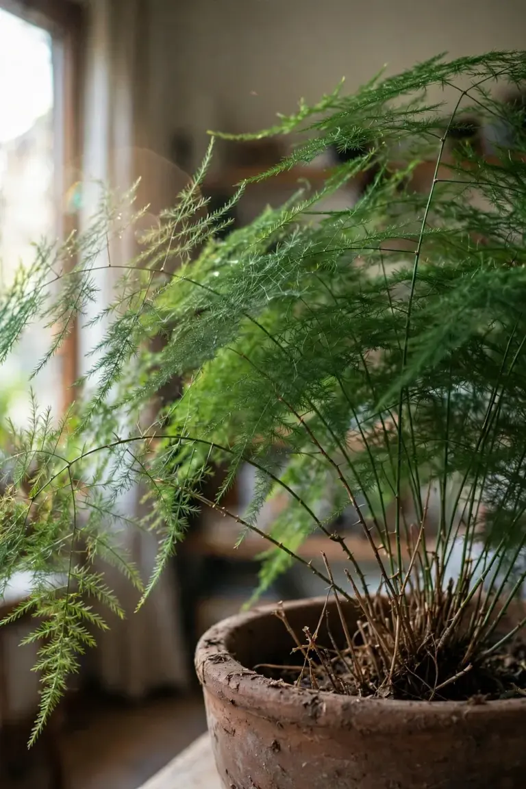 Mature asparagus fern specimen with layered feathery sprays in a large pot
