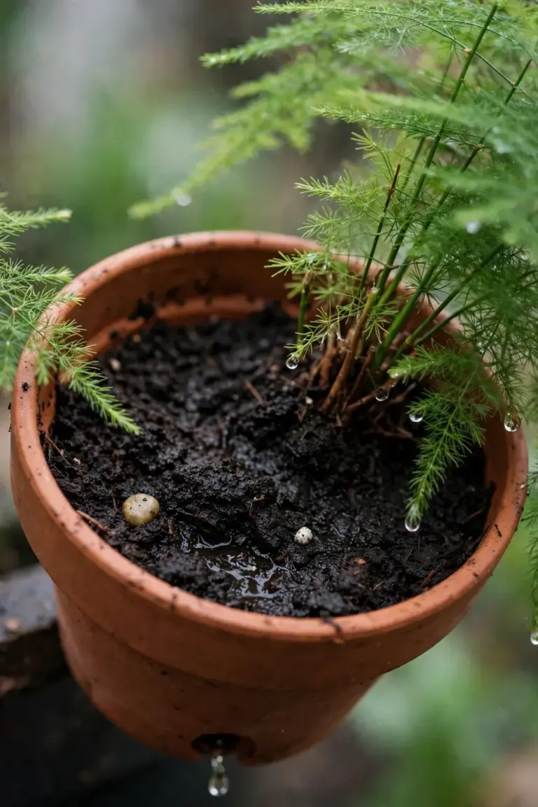 Moist dark potting soil at the base of an asparagus fern with water droplets on the cladodes