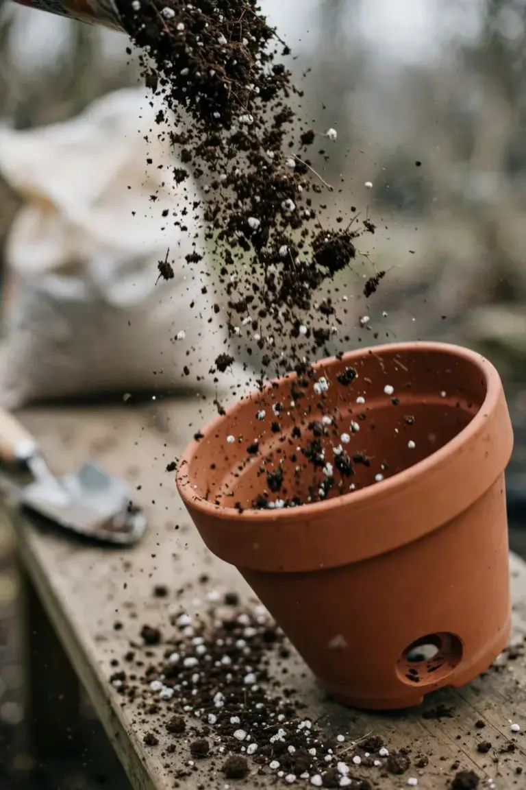 Close-up of peaty potting mix with perlite falling into a terracotta pot with a drainage hole