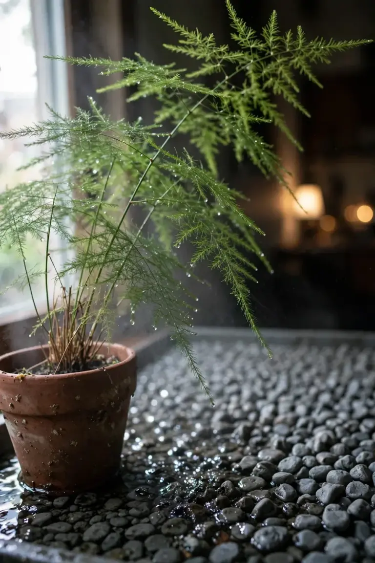 Asparagus fern on a pebble tray with water and a faint mist in the air around the sprays