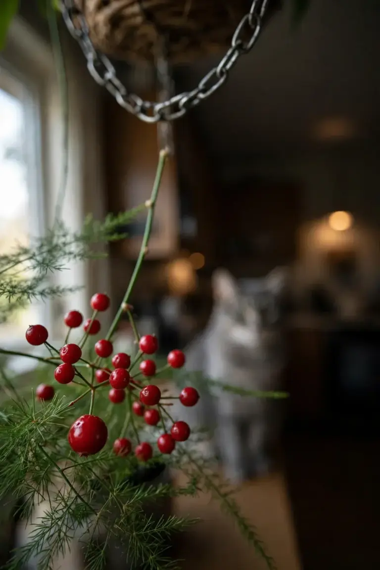 Small red asparagus fern berries on a spray with a curious cat blurred in the background