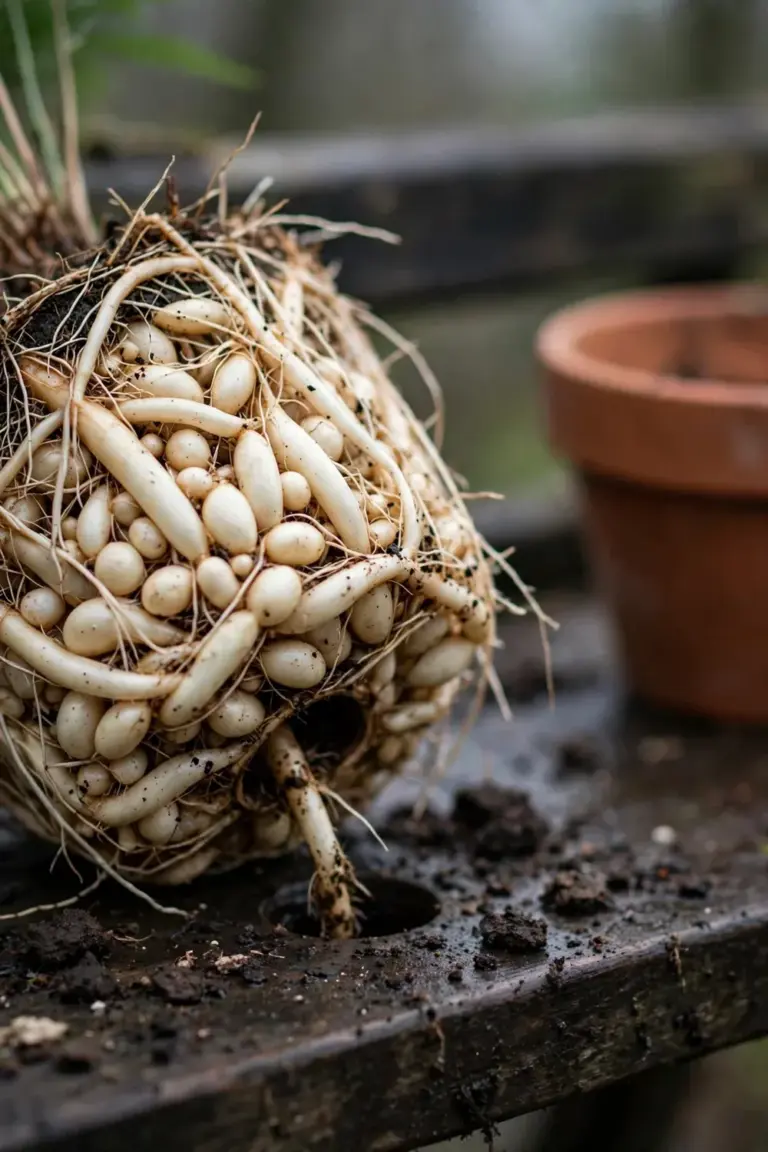 Pale tuberous asparagus fern roots filling a root ball lifted from its pot beside a larger pot