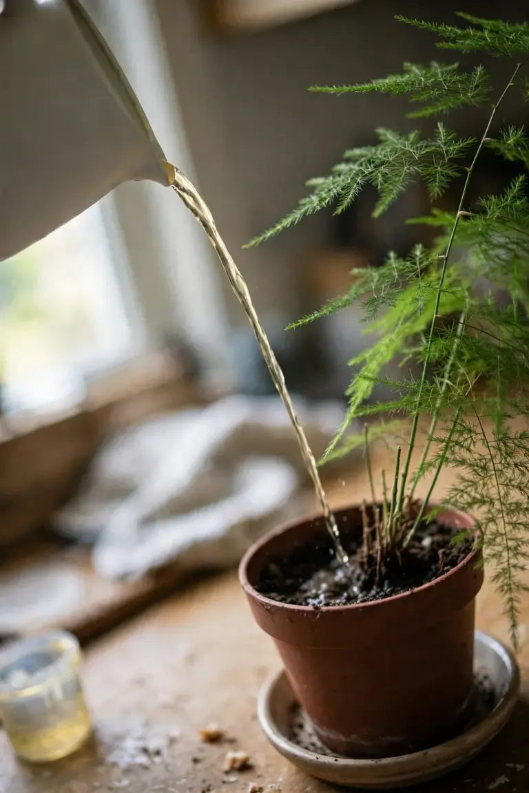 Pale diluted liquid fertilizer being poured from a plain jug into a potted asparagus fern
