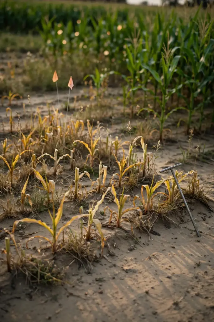 Marker flags standing in a patch of short yellowed corn at a field edge.