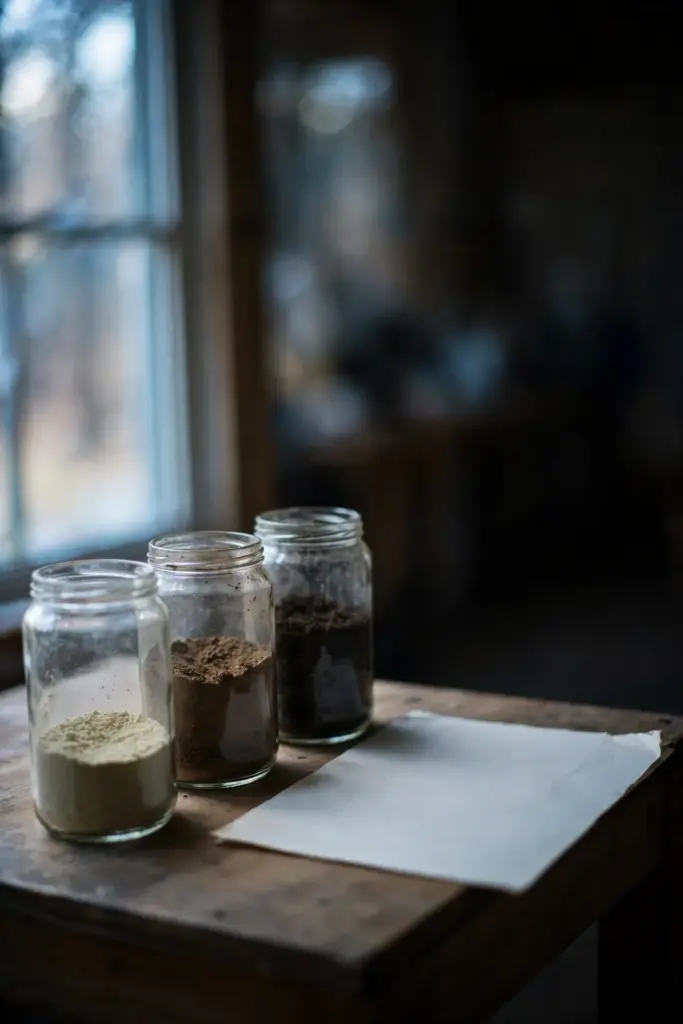 Three glass jars of field soil in different shades on a workbench.