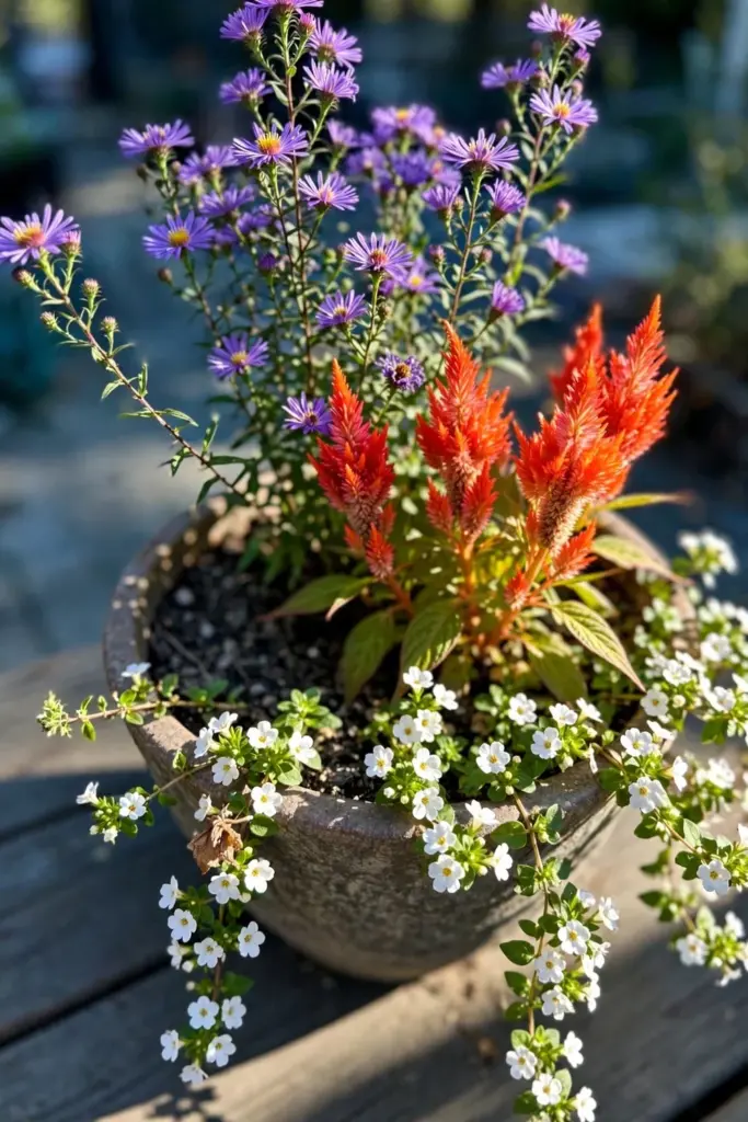 Purple asters and red celosia plumes with white bacopa trailing