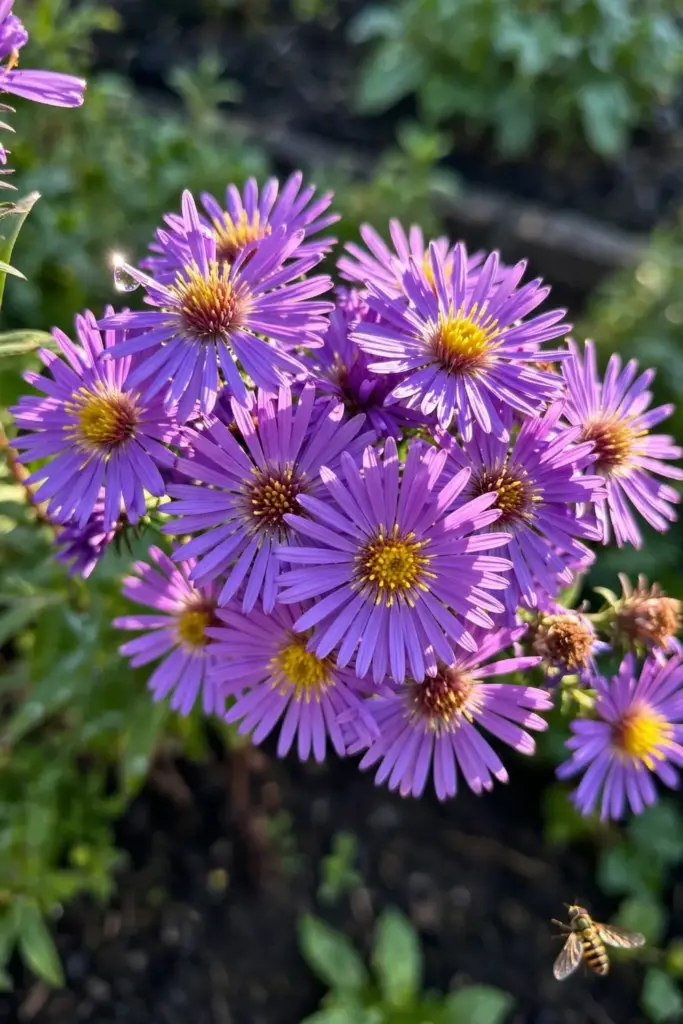 Drift of purple asters in a cottage bed, flower spectacle