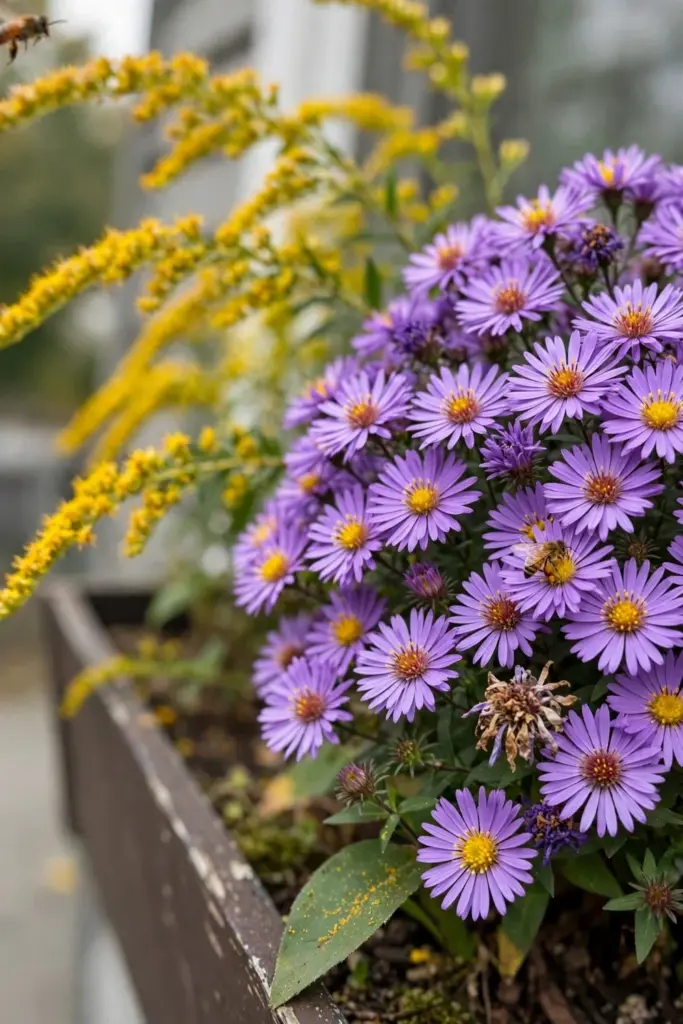 Purple dwarf asters and yellow goldenrod blooming in a box