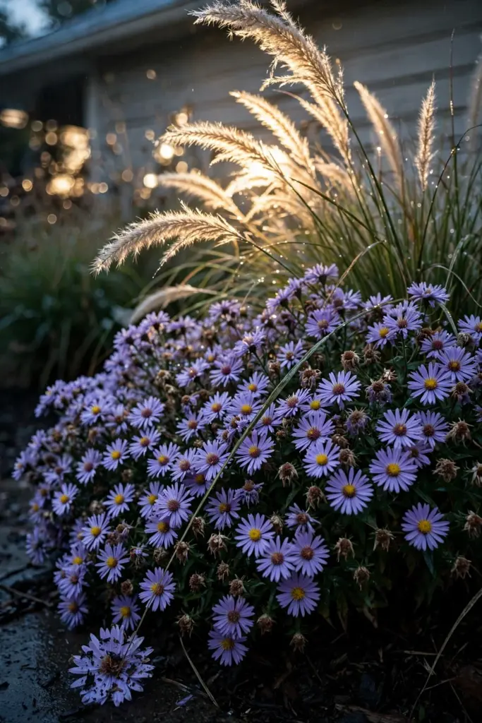 Purple asters blooming in front of tall ornamental grasses