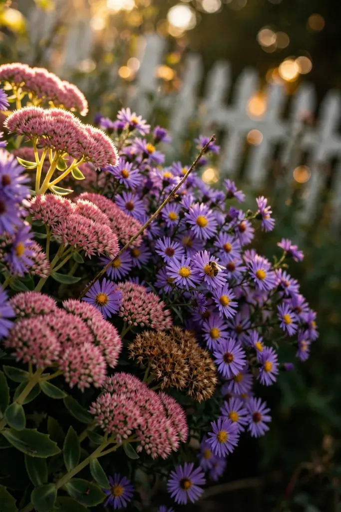 Cottage border: asters and pink sedum interlocking in drifts