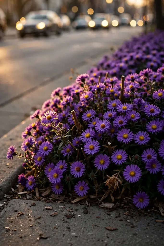 Dwarf purple asters in a low border along a sidewalk
