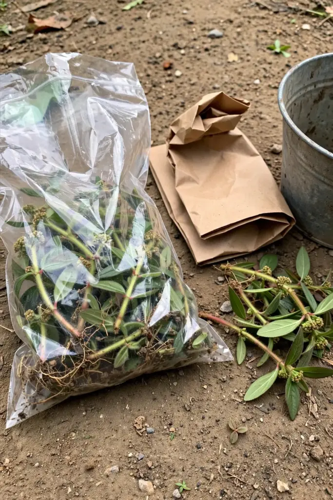 Sealed bag of pulled patikan kebo plants beside a bucket