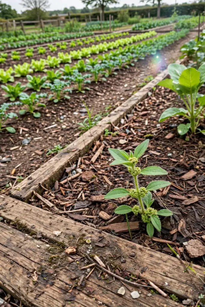 Lone patikan kebo plant at the edge of a mulched bed