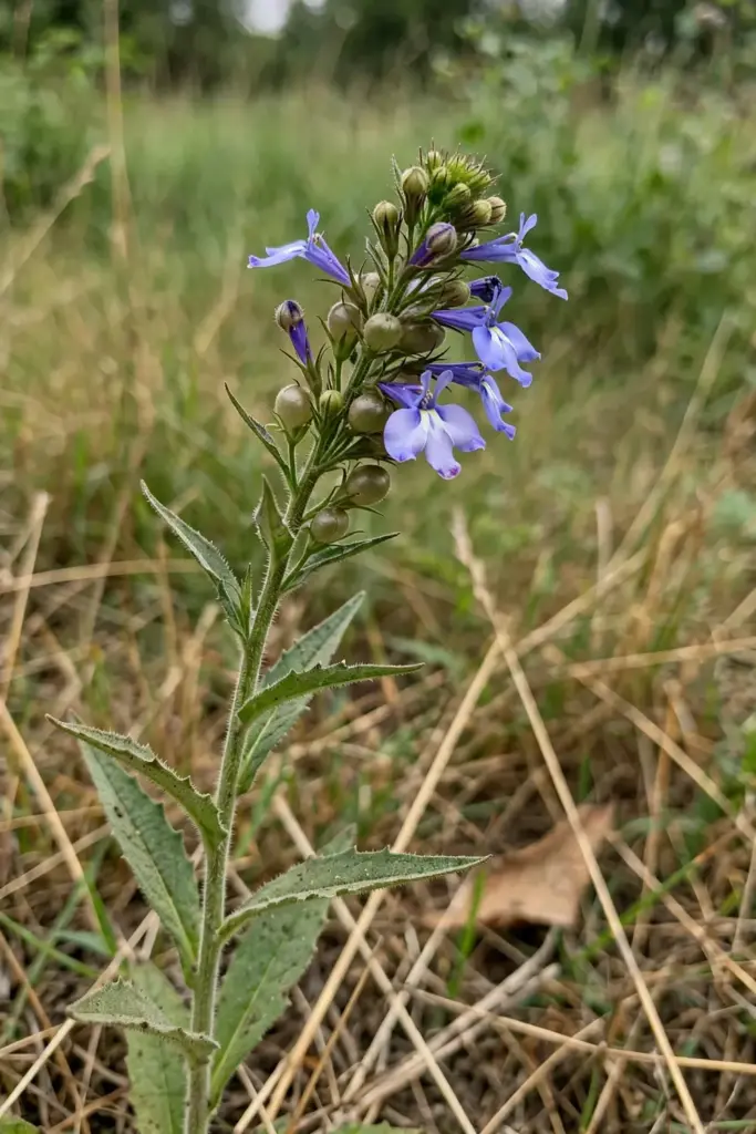 Indian tobacco with tiny blue-violet flowers at a field edge