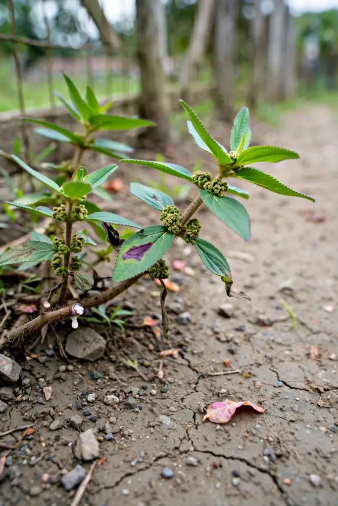Patikan kebo plant at a path edge with hairy stems and opposite leaves