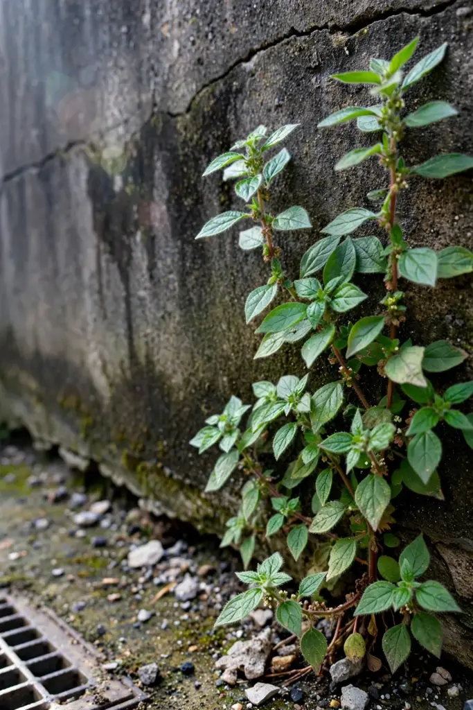 Pellitory with rhombic hairy leaves growing from a wall crack