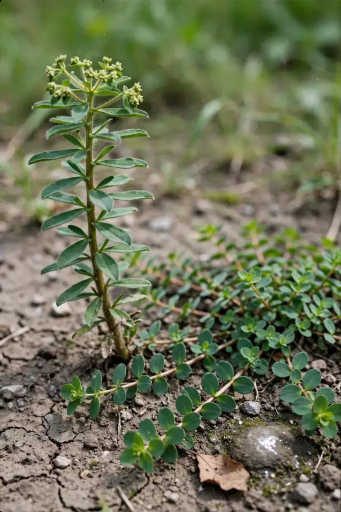 Upright hairy patikan kebo beside a flat mat spurge on soil