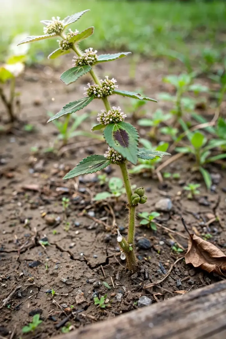 Low hairy patikan kebo plant with opposite leaves, clustered cyathia, and white latex