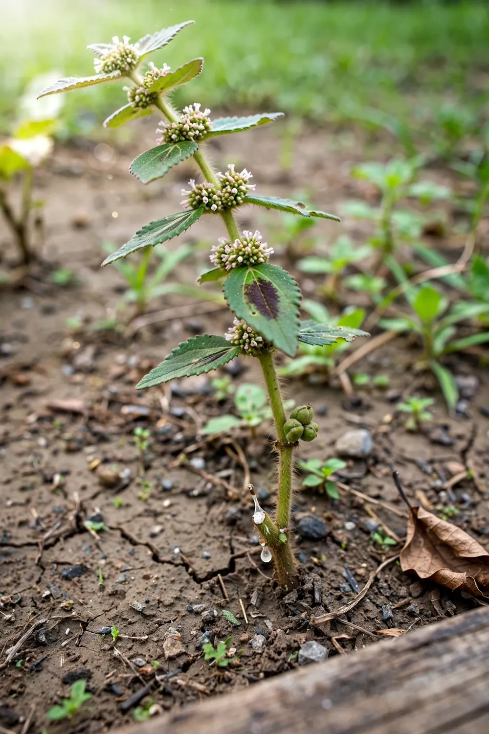 Low hairy patikan kebo plant with opposite leaves, clustered cyathia, and white latex