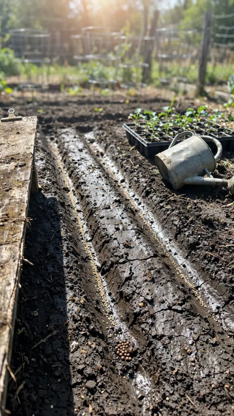 Freshly sown August bed with seed rows, a shading board, and a watering can