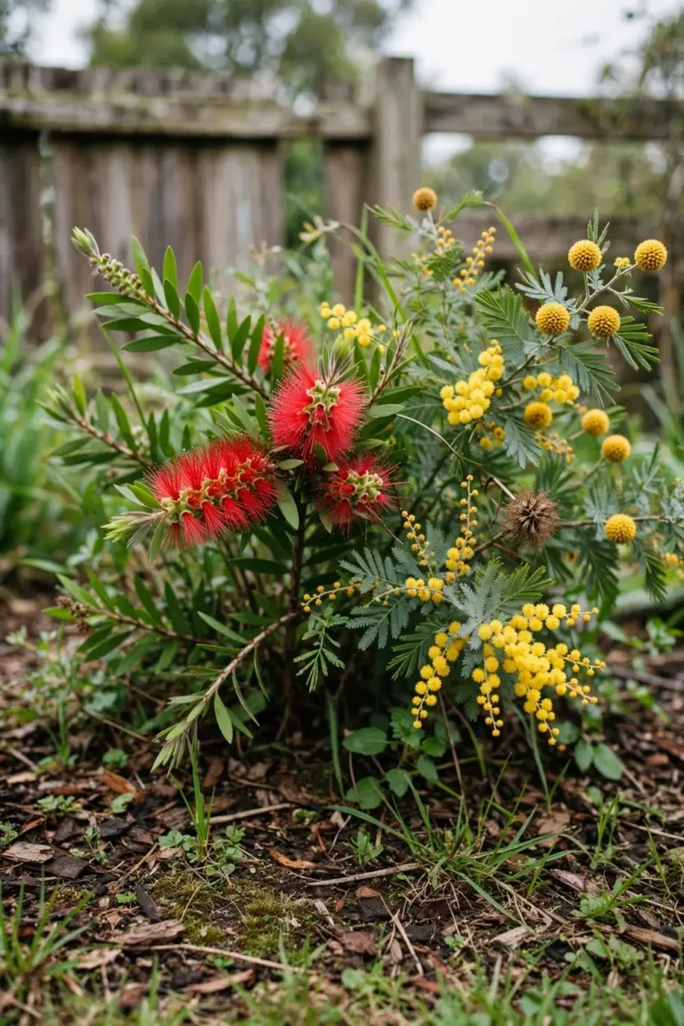 Australian native flowers with red bottlebrush spikes and golden wattle heads in a garden bed