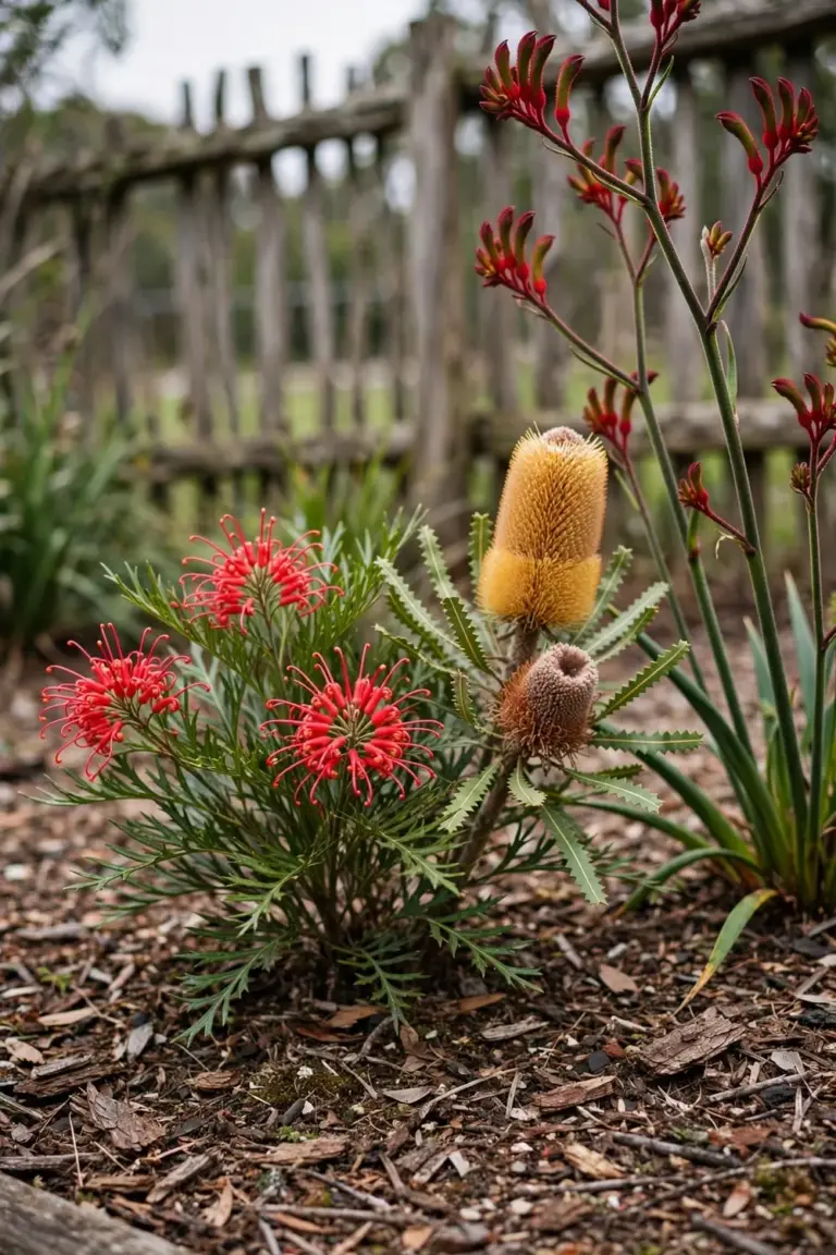 Mixed Australian native garden bed with grevillea, banksia, and kangaroo paw in flower