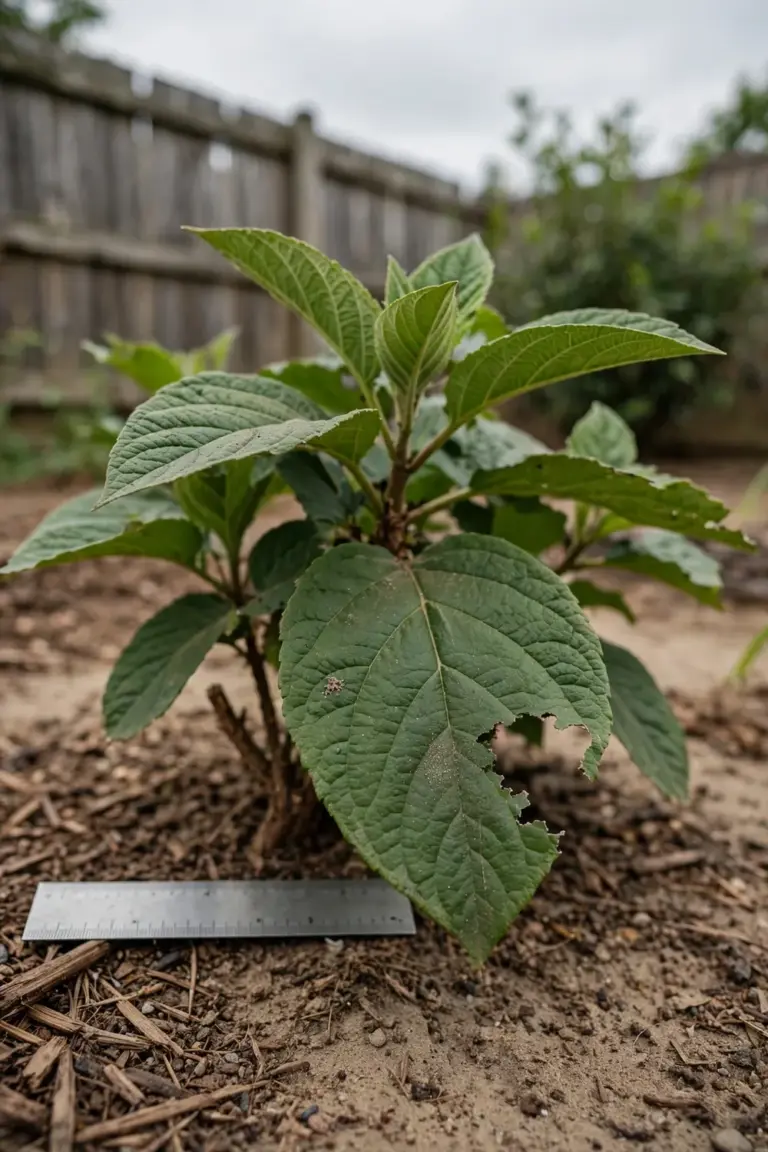 Unknown garden shrub with broad veined leaves and a ruler beside one leaf