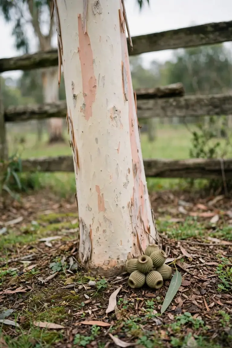 Tall gum tree with smooth cream bark and gum nuts beside a leaf for scale