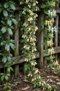 Three climbing vines on a garden fence in an Australian home garden