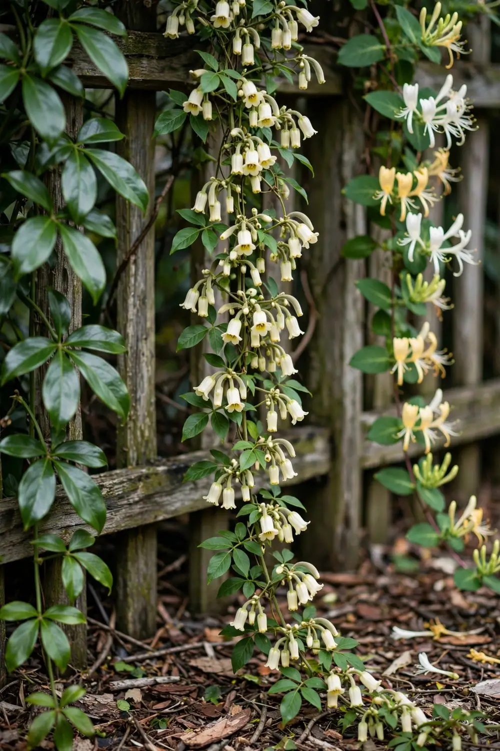 Three climbing vines on a garden fence in an Australian home garden