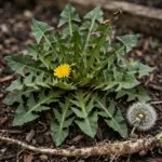 Dandelion rosette with a long taproot beside a seed head in a garden bed