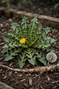 Dandelion rosette with a long taproot beside a seed head in a garden bed
