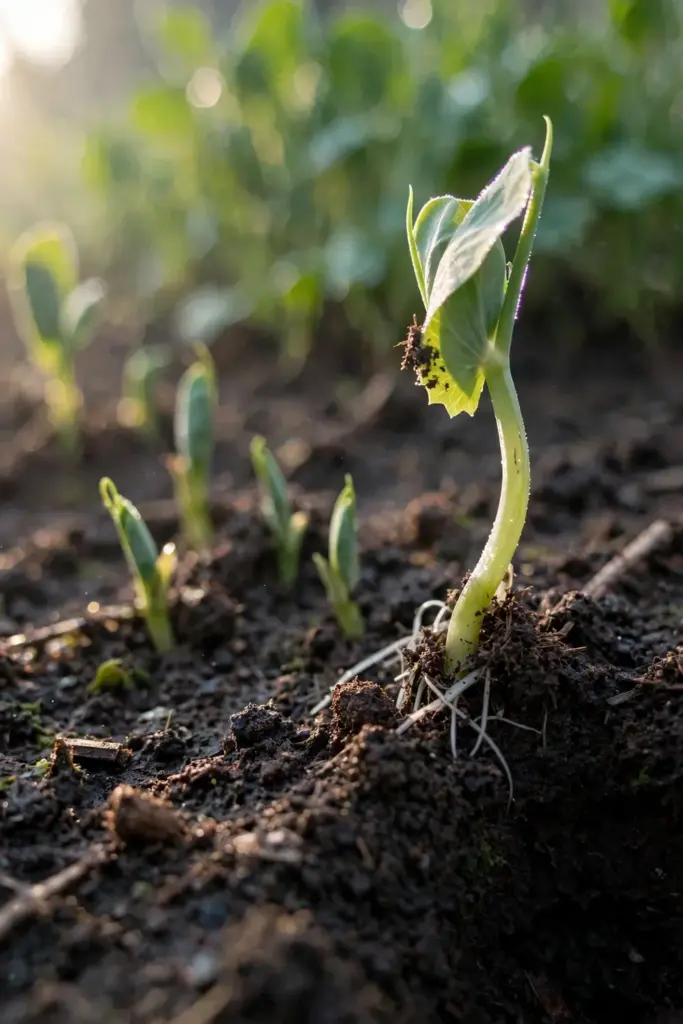 Austrian winter pea seedlings pushing through dark crumbly soil