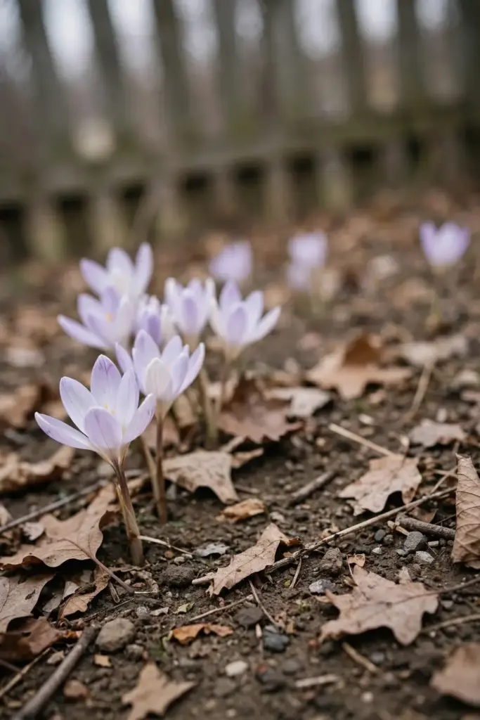 Pale lilac autumn crocus flowers without red stigmas growing from bare soil