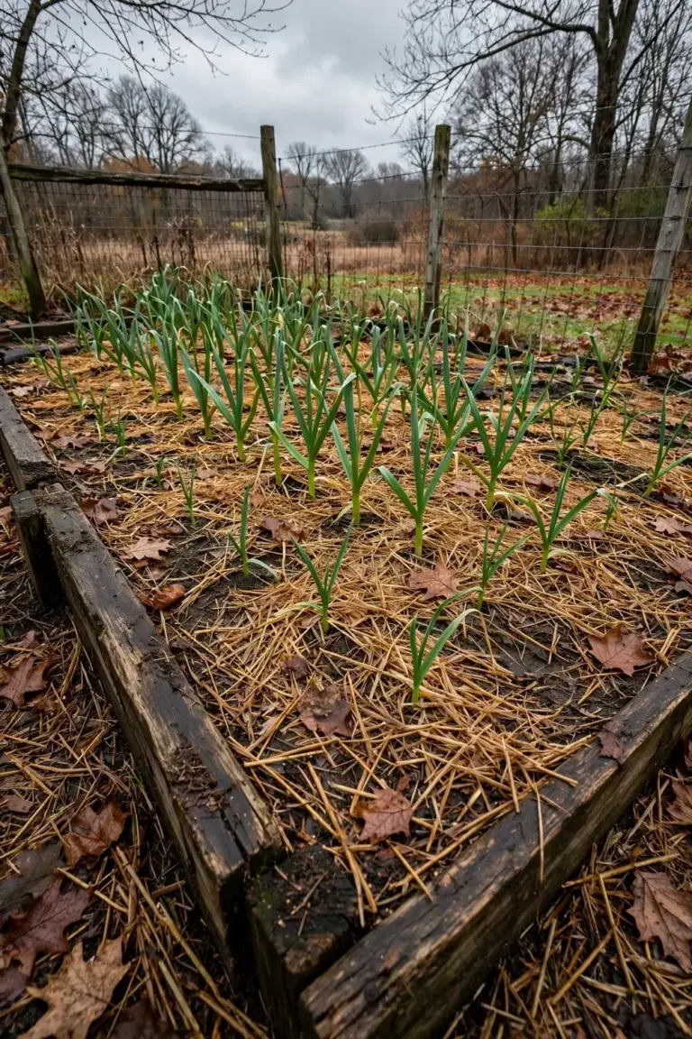 Garlic bed in autumn with straw mulch and fallen leaves