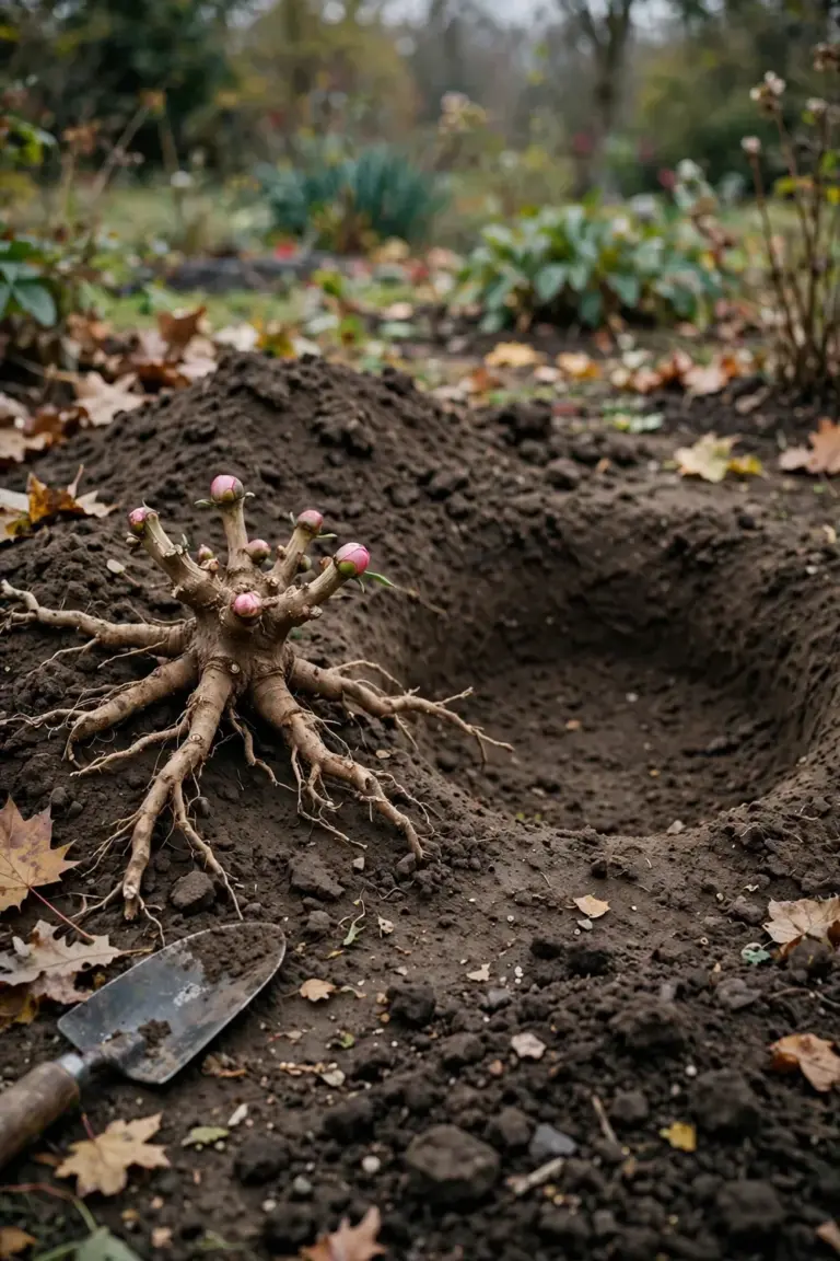 Bare-root peony crown held over a wide planting hole on an autumn afternoon
