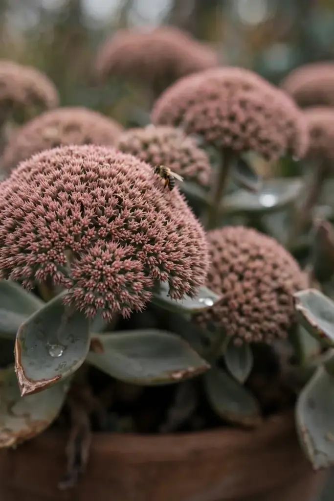 Dusty-rose Autumn Joy stonecrop heads standing in tight domes
