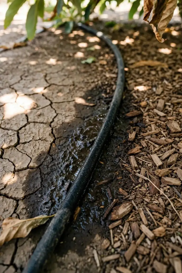 Soaker hose running at the drip line of an avocado tree over dry cracked soil