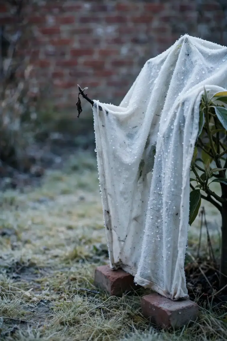 Small avocado tree covered with frost cloth on a cold clear morning