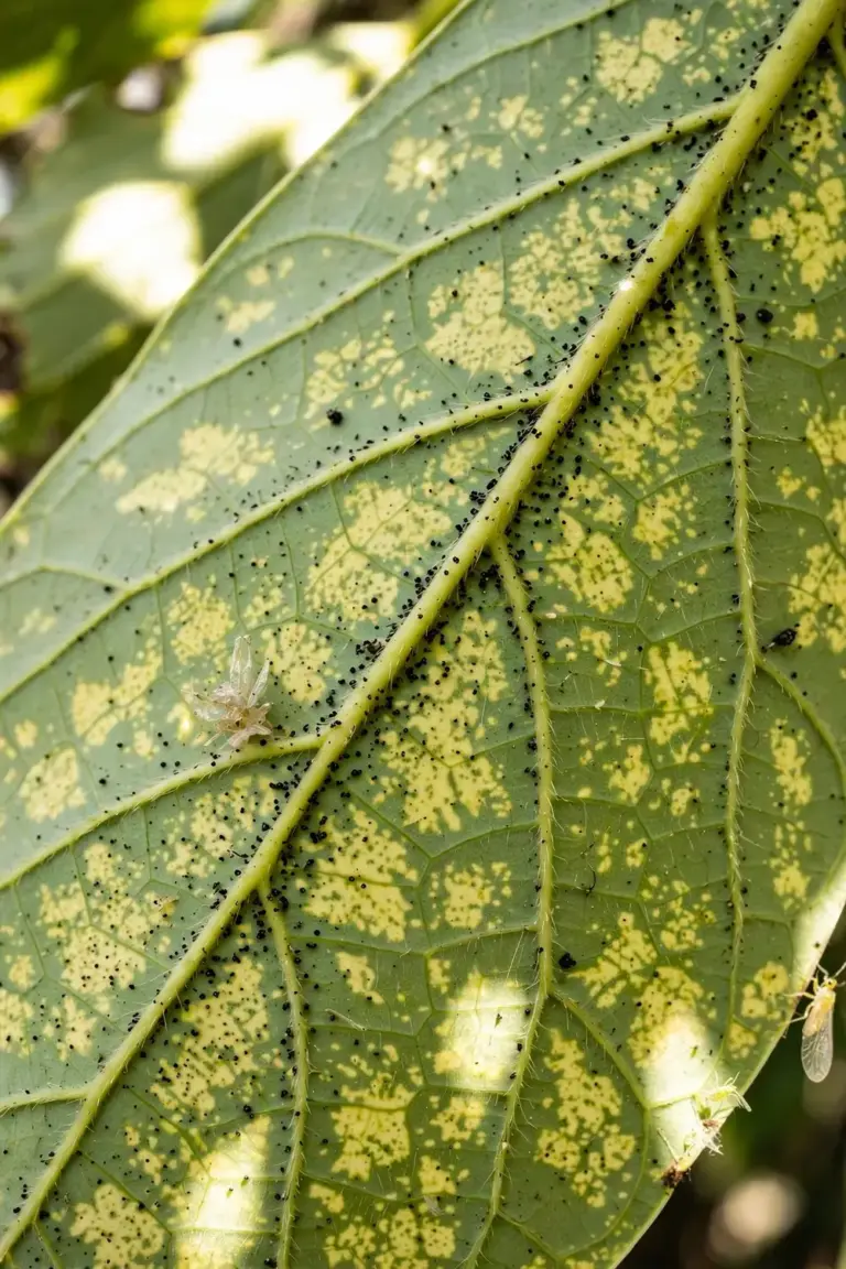 Underside of an avocado leaf with yellow stippling and tiny black specks