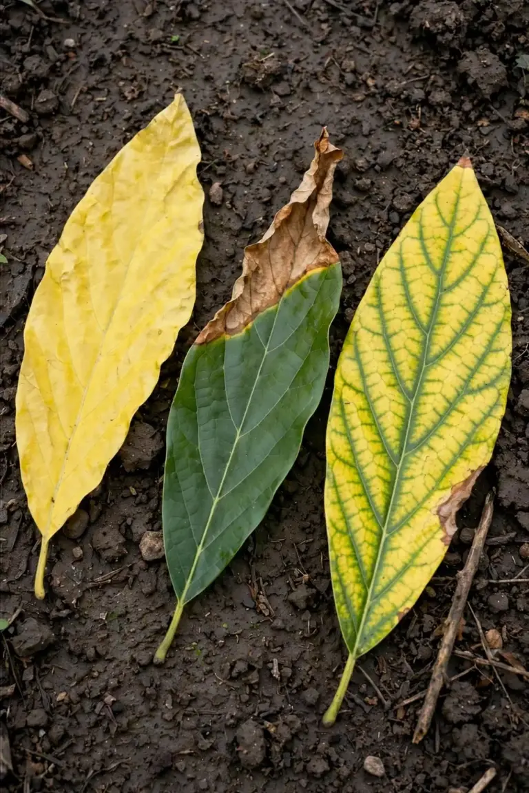 Three avocado leaves side by side showing even yellowing, tip burn, and green veins with yellow tissue