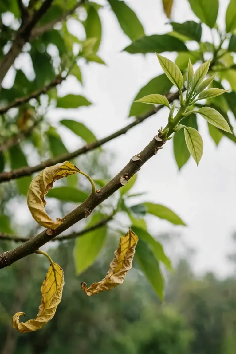 Avocado branch with yellow old leaves falling below fresh green new flush growth