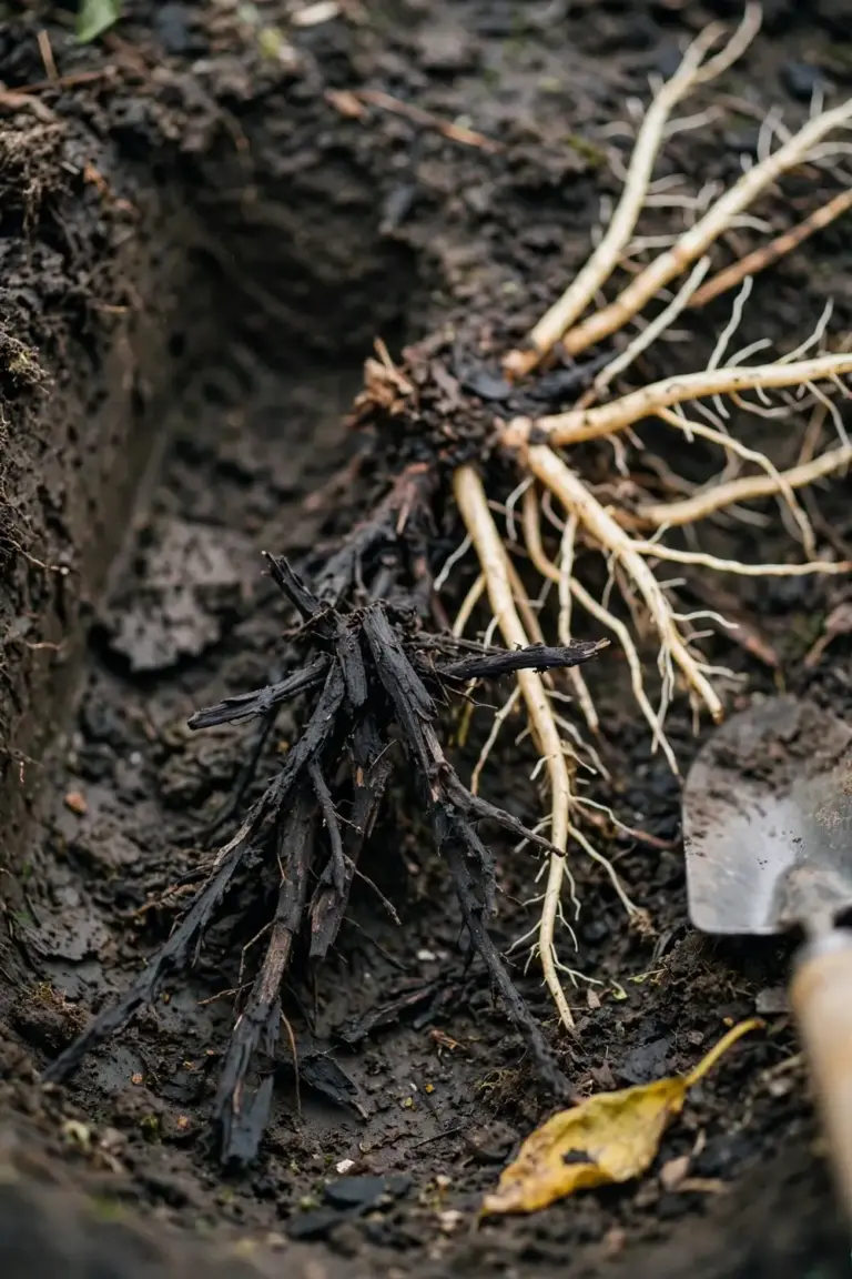 Exposed avocado feeder roots showing black brittle infected roots beside pale healthy roots