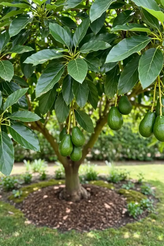 Healthy deep-green avocado tree thriving in a sunny garden