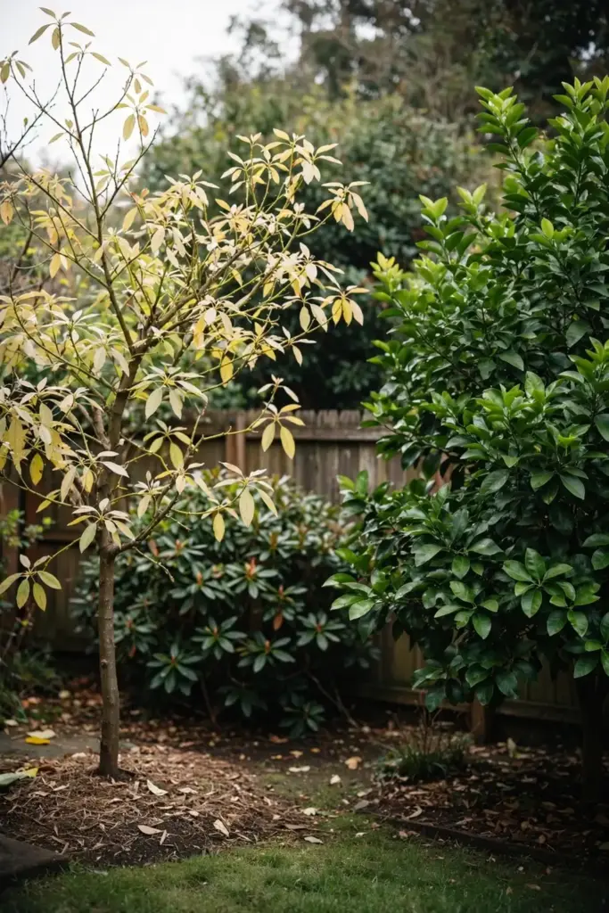 Home garden with a declining avocado tree near citrus trees