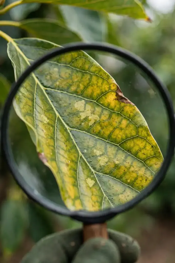 Magnifying glass inspecting an avocado leaf for disease symptoms