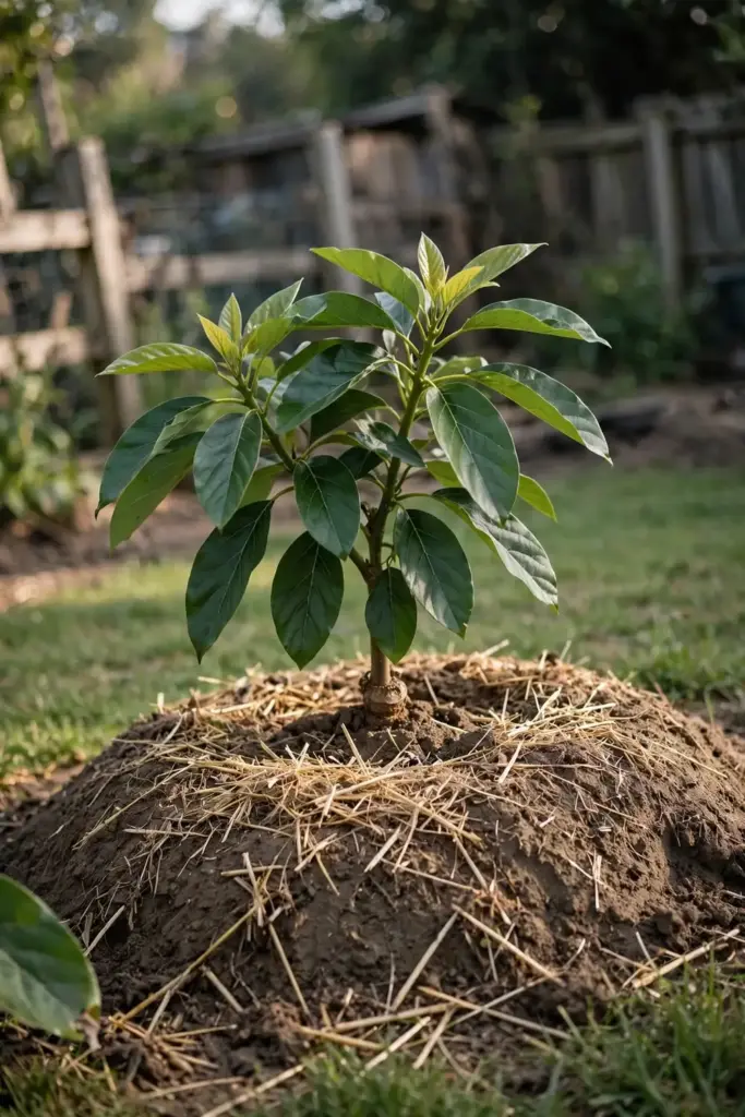 Young avocado tree planted high on a broad soil mound