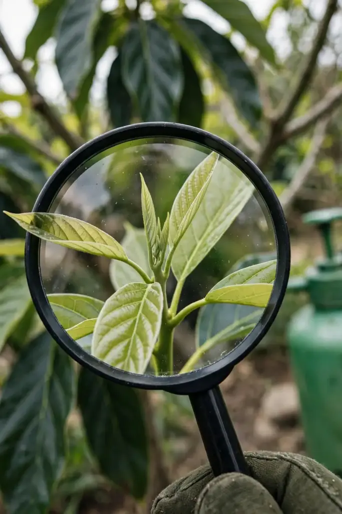 Magnifying glass over a flush of new deep-green avocado leaves