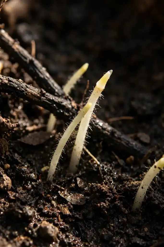 Macro of new white avocado root tips emerging from soil