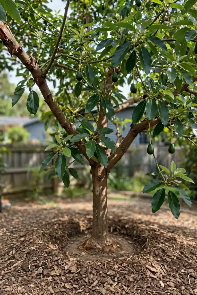Home avocado tree with thin canopy recovering under mulch management